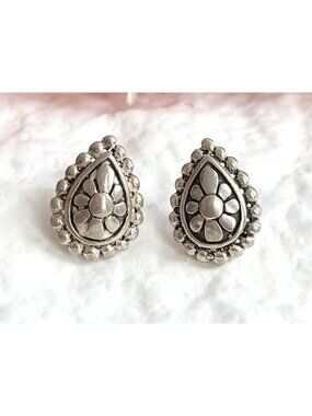 Teardrop Floral Bead Framed Oxidized Vintage Sterling Silver 925 Stud Earrings